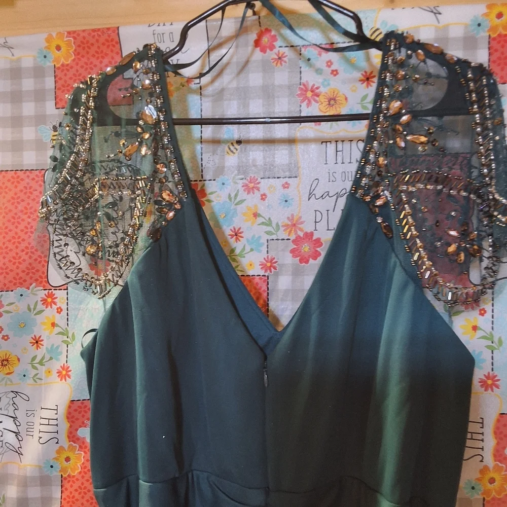 Xscape Teal Beaded SS V-Neck Formal Dress Sz 22 Plus Ruche Slimming Back Smocked - Picture 10 of 15